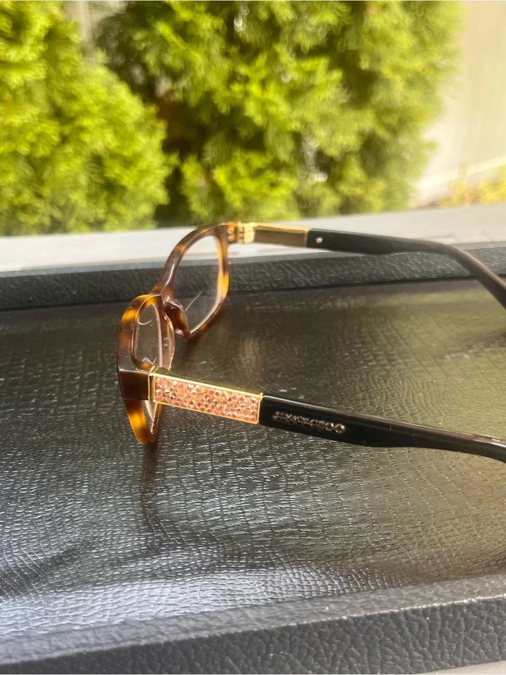 Jimmy Choo Brown Tortoise Eyeglasses w/ Crystal Gold Detail + Case